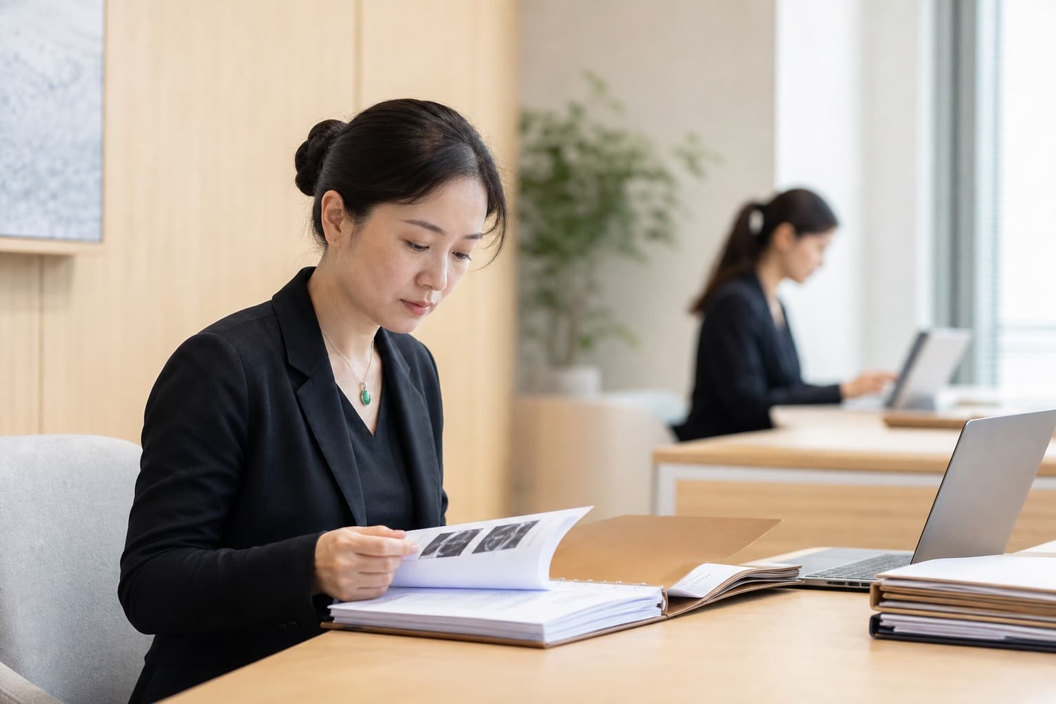 Illustrative case manager reviewing organized records