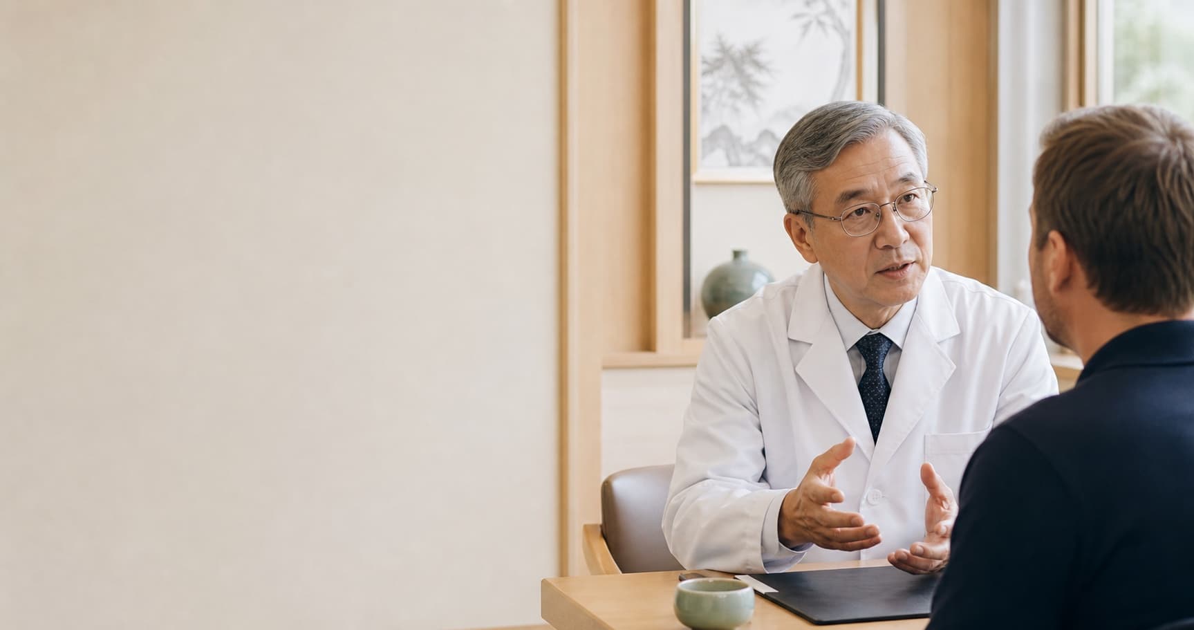 Illustrative portrait of a senior specialist in a clinical workspace